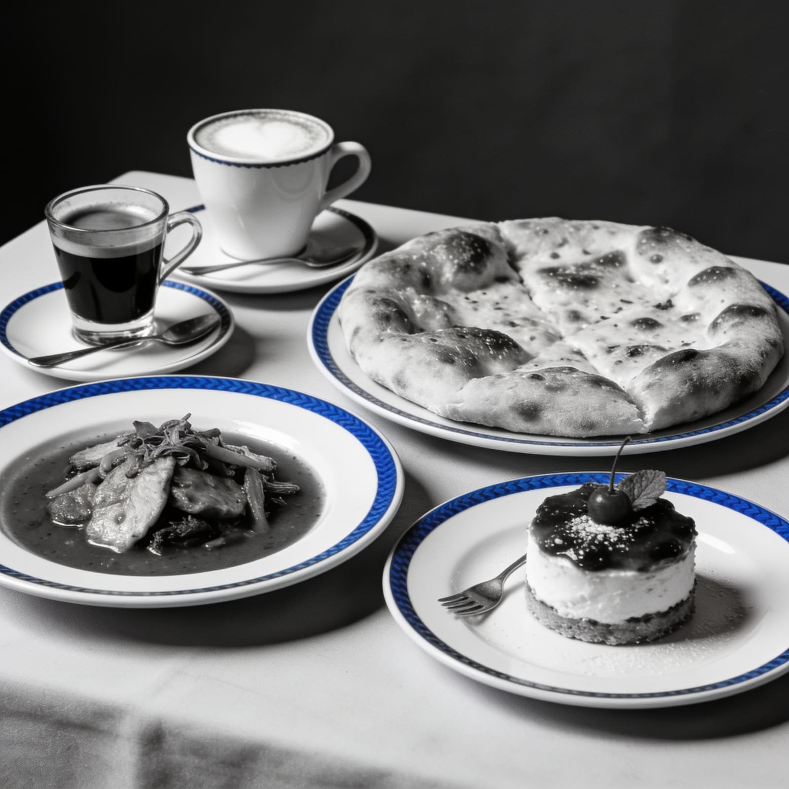 Espresso, cappuccino, focaccia, piatto caldo e dolce della casa