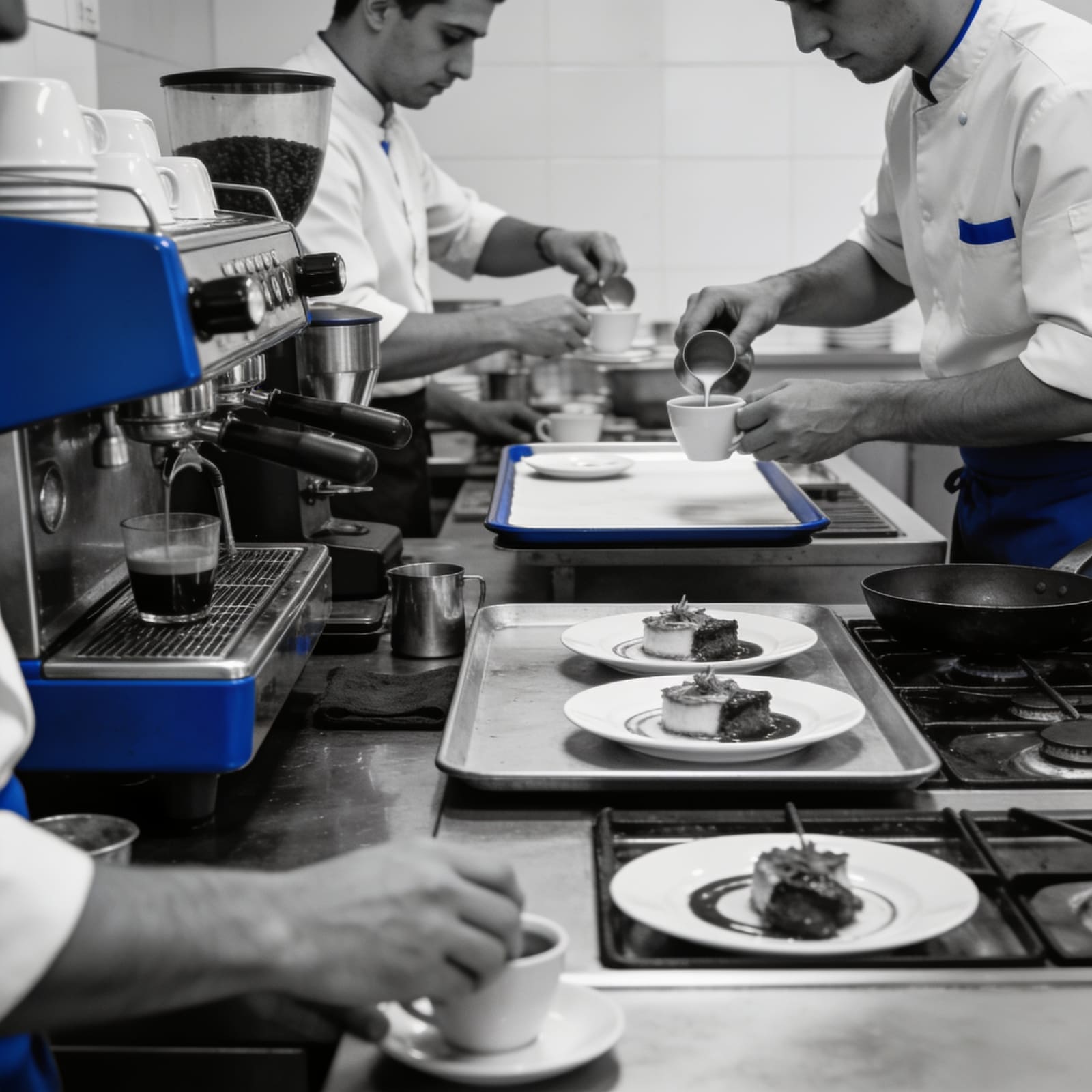Squadra di Vumasonato IT al lavoro tra la postazione caffè e la cucina